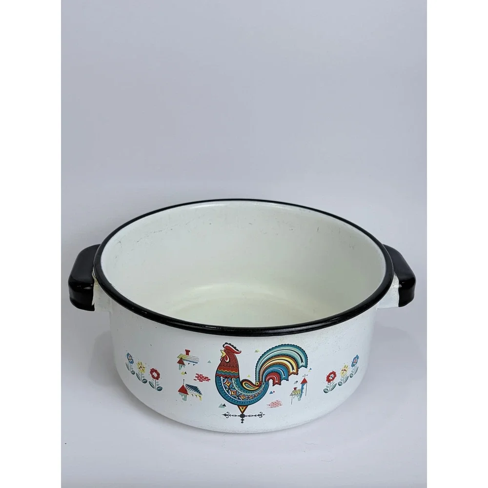 Vintage Berggren Enamelware Stock Pot Scandinavian Folk Art Rooster White 8in